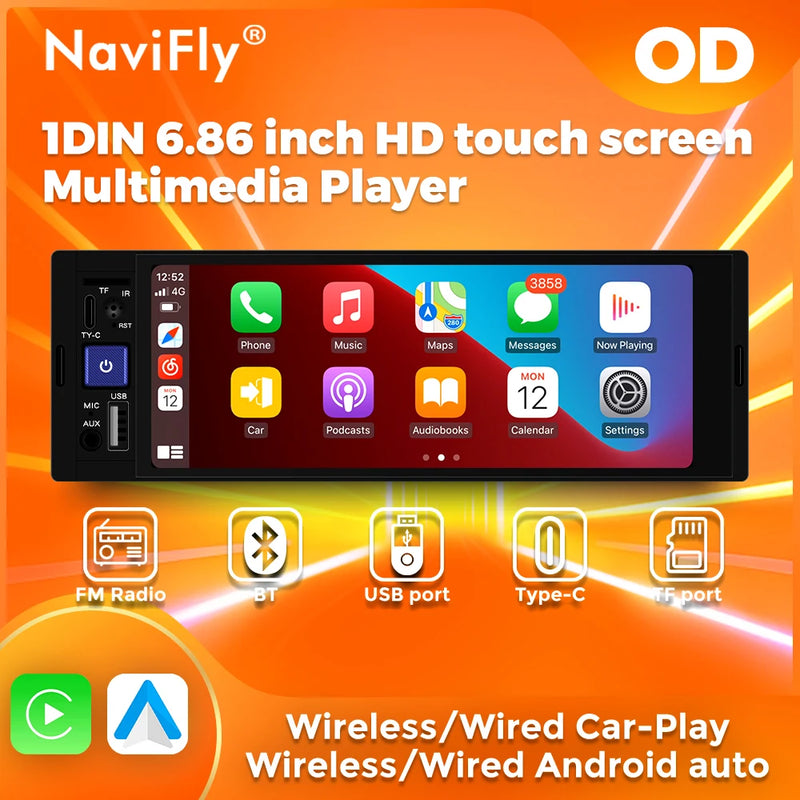 NaviFly 6.86" 1 Din MP5 Player. Equipado com Wireless CarPlay, Android Auto, Bluetooth, FM Receiver e muito mais, para uma experiência multimídia completa e conectada