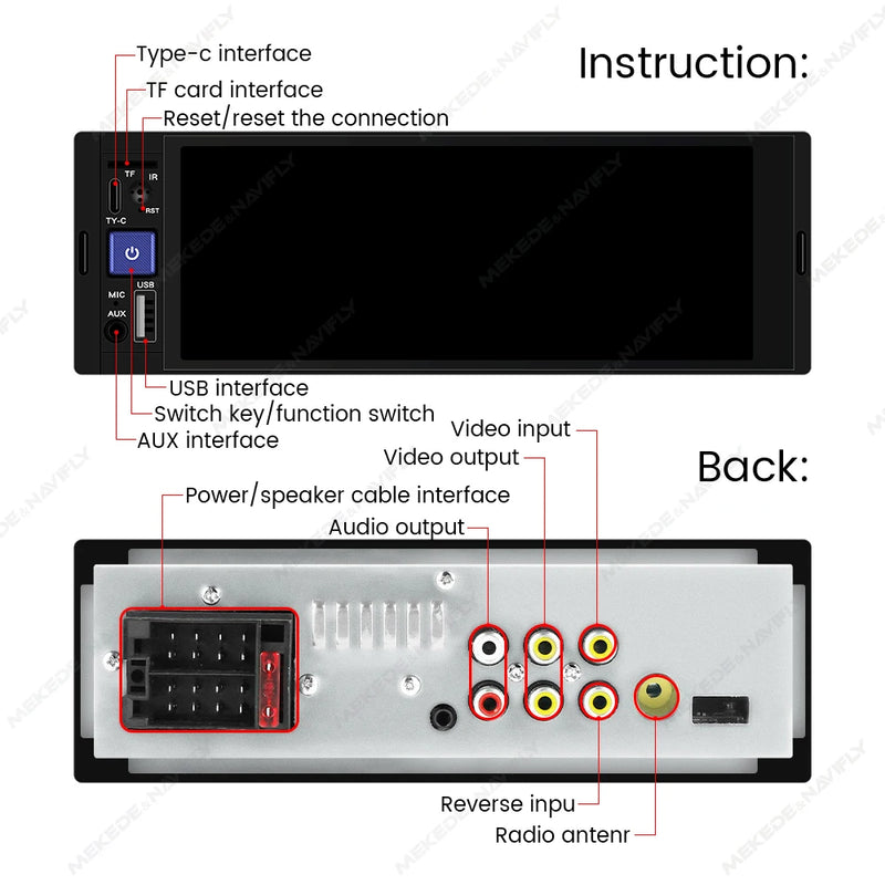 NaviFly 6.86" 1 Din MP5 Player. Equipado com Wireless CarPlay, Android Auto, Bluetooth, FM Receiver e muito mais, para uma experiência multimídia completa e conectada