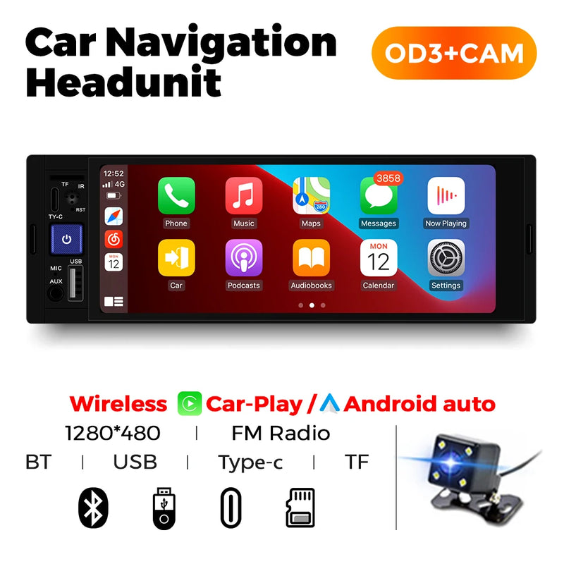 NaviFly 6.86" 1 Din MP5 Player. Equipado com Wireless CarPlay, Android Auto, Bluetooth, FM Receiver e muito mais, para uma experiência multimídia completa e conectada