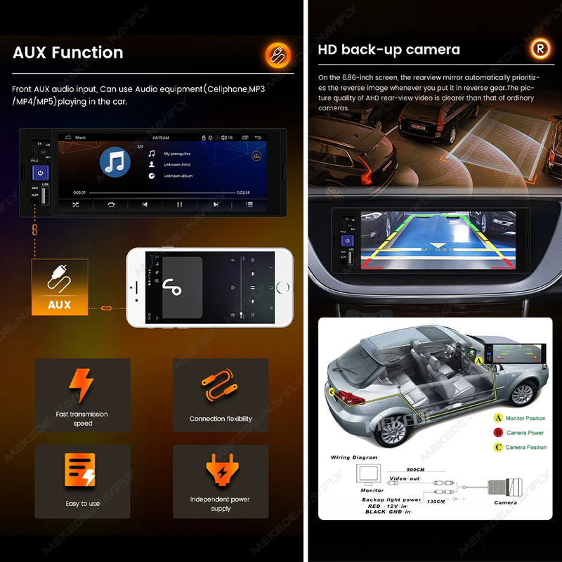 NaviFly 6.86" 1 Din MP5 Player. Equipado com Wireless CarPlay, Android Auto, Bluetooth, FM Receiver e muito mais, para uma experiência multimídia completa e conectada