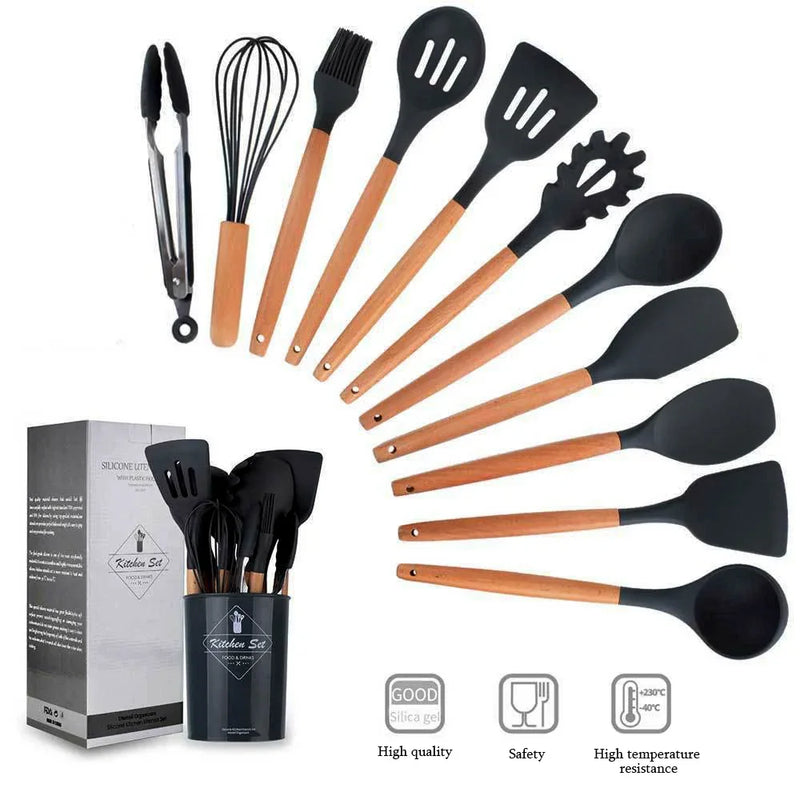 Kit de Utensílios de Cozinha de Silicone 12 Peças - Utensílios Antiaderentes, Espátula, Pá, Batedores de Ovo, Com Cabo de Madeira