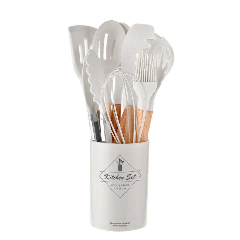 Kit de Utensílios de Cozinha de Silicone 12 Peças - Utensílios Antiaderentes, Espátula, Pá, Batedores de Ovo, Com Cabo de Madeira