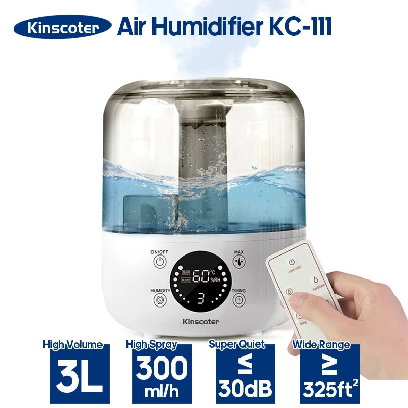 KINSCOTER Umidificador de Ar 3L Profissional, de Grande Capacidade para Casa, Umidificador de Plantas, Difusor de Aroma com Controle Remoto e Timer