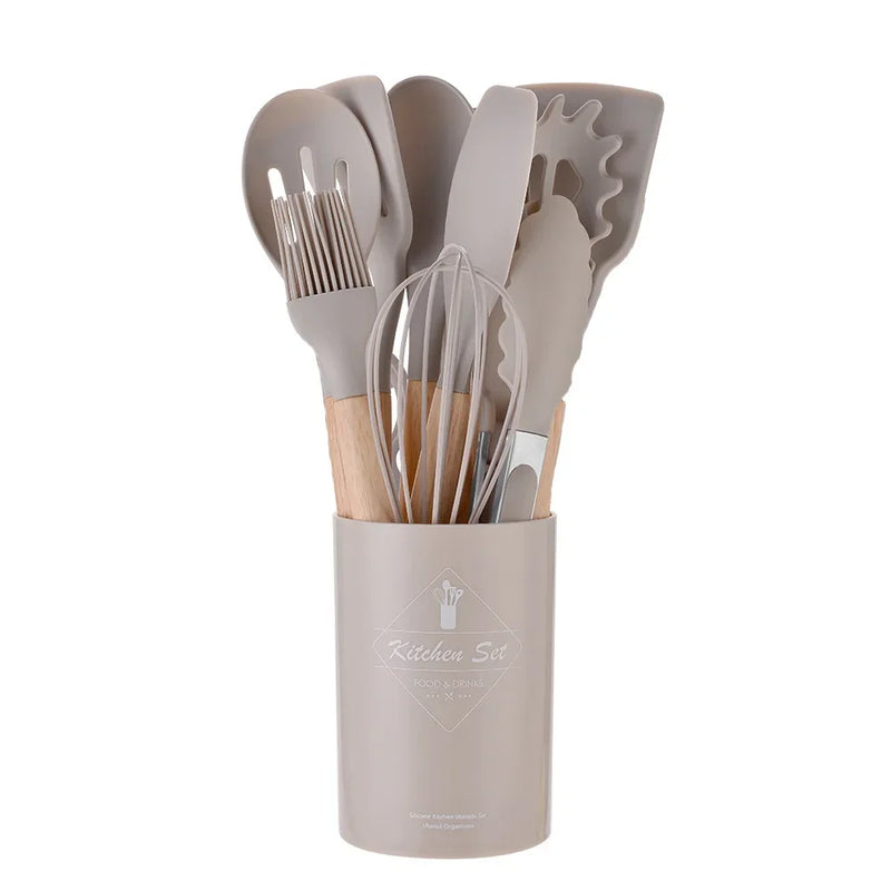 Kit de Utensílios de Cozinha de Silicone 12 Peças - Utensílios Antiaderentes, Espátula, Pá, Batedores de Ovo, Com Cabo de Madeira