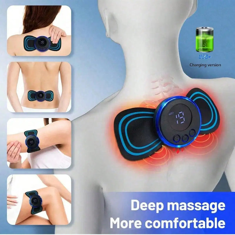 Mini massageador elétrico portátil recarregável de pescoço, dispositivo de terapia de adesivo estimulador de massagem de pescoço, equipamento de terapia saudável com 10 peças