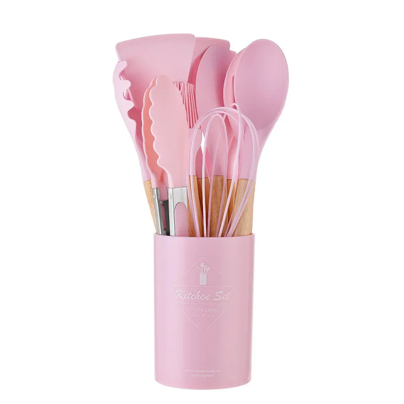 Kit de Utensílios de Cozinha de Silicone 12 Peças - Utensílios Antiaderentes, Espátula, Pá, Batedores de Ovo, Com Cabo de Madeira