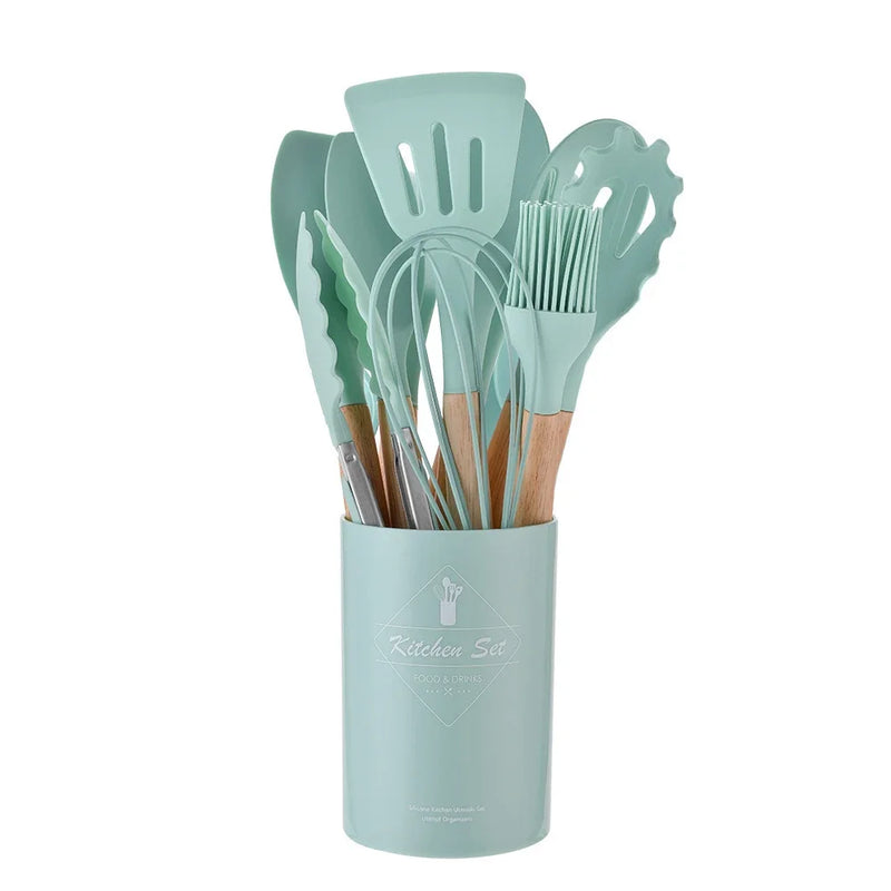 Kit de Utensílios de Cozinha de Silicone 12 Peças - Utensílios Antiaderentes, Espátula, Pá, Batedores de Ovo, Com Cabo de Madeira