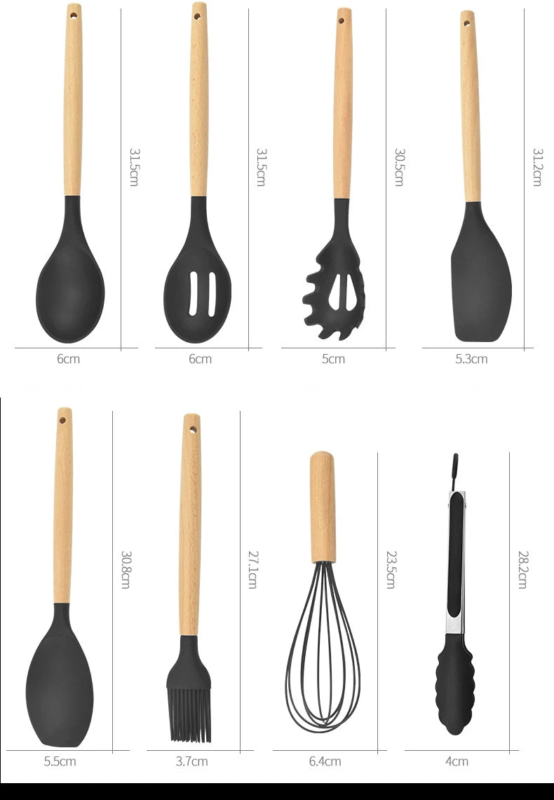 Kit de Utensílios de Cozinha de Silicone 12 Peças - Utensílios Antiaderentes, Espátula, Pá, Batedores de Ovo, Com Cabo de Madeira