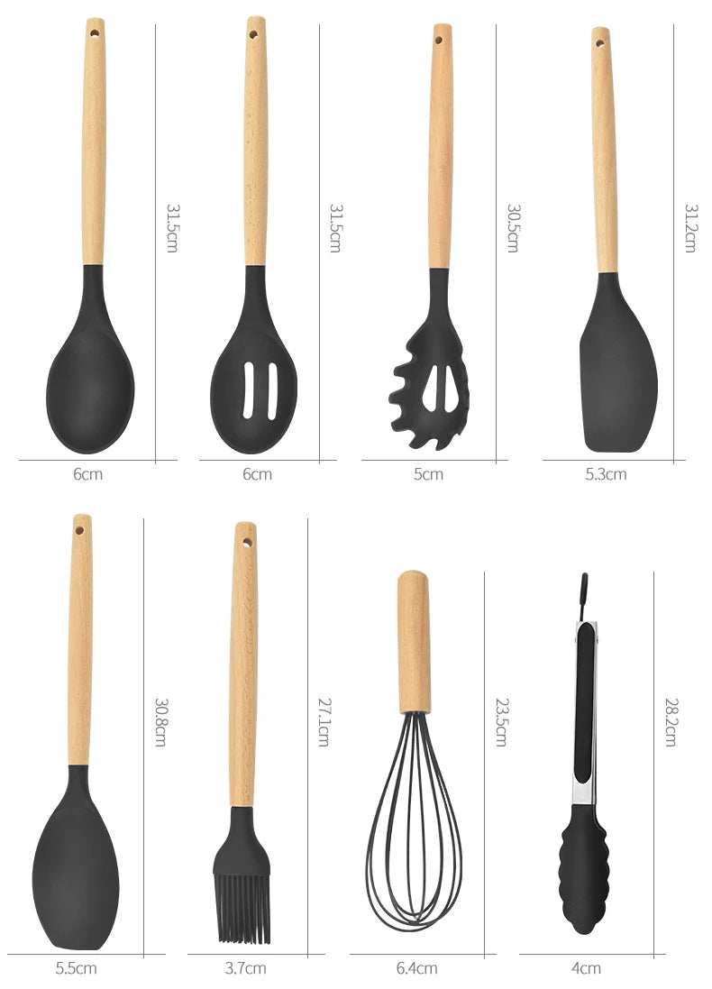 Kit de Utensílios de Cozinha de Silicone 12 Peças - Utensílios Antiaderentes, Espátula, Pá, Batedores de Ovo, Com Cabo de Madeira