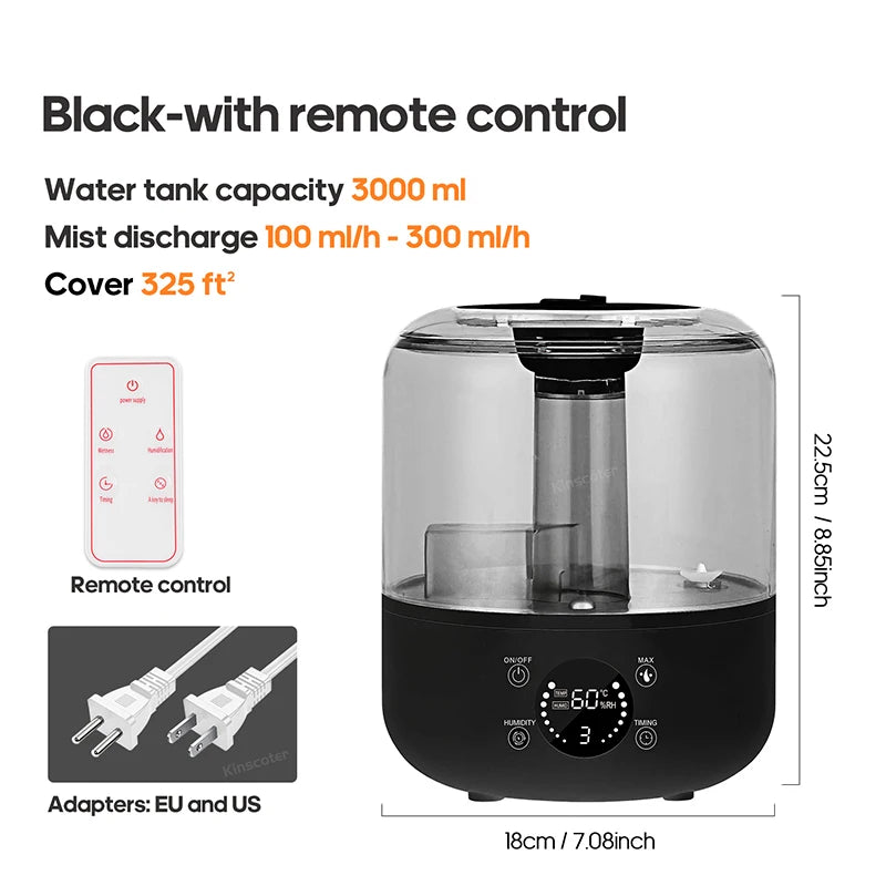 KINSCOTER Umidificador de Ar 3L Profissional, de Grande Capacidade para Casa, Umidificador de Plantas, Difusor de Aroma com Controle Remoto e Timer