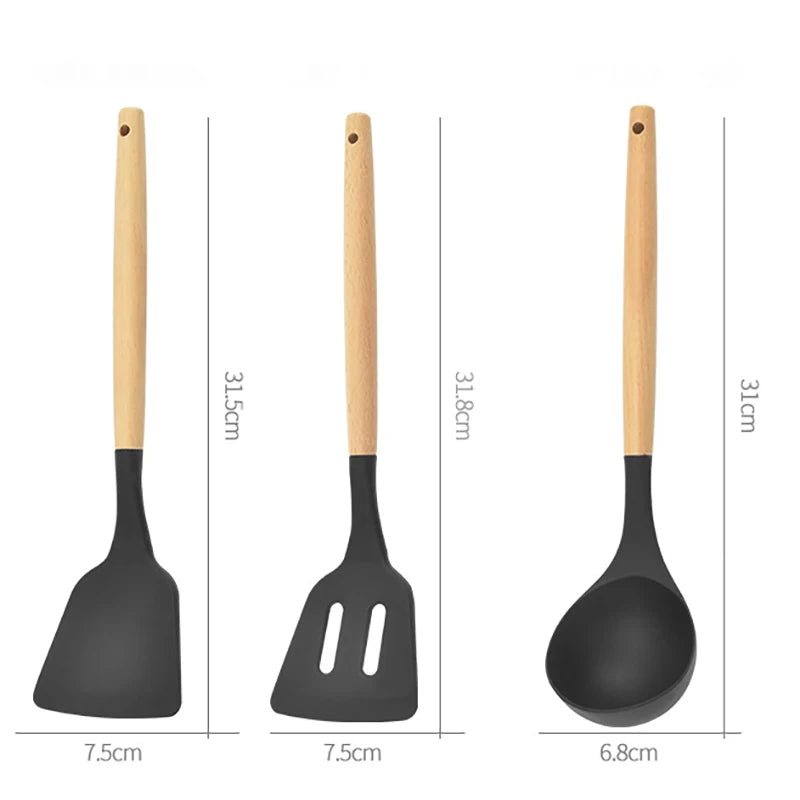 Kit de Utensílios de Cozinha de Silicone 12 Peças - Utensílios Antiaderentes, Espátula, Pá, Batedores de Ovo, Com Cabo de Madeira