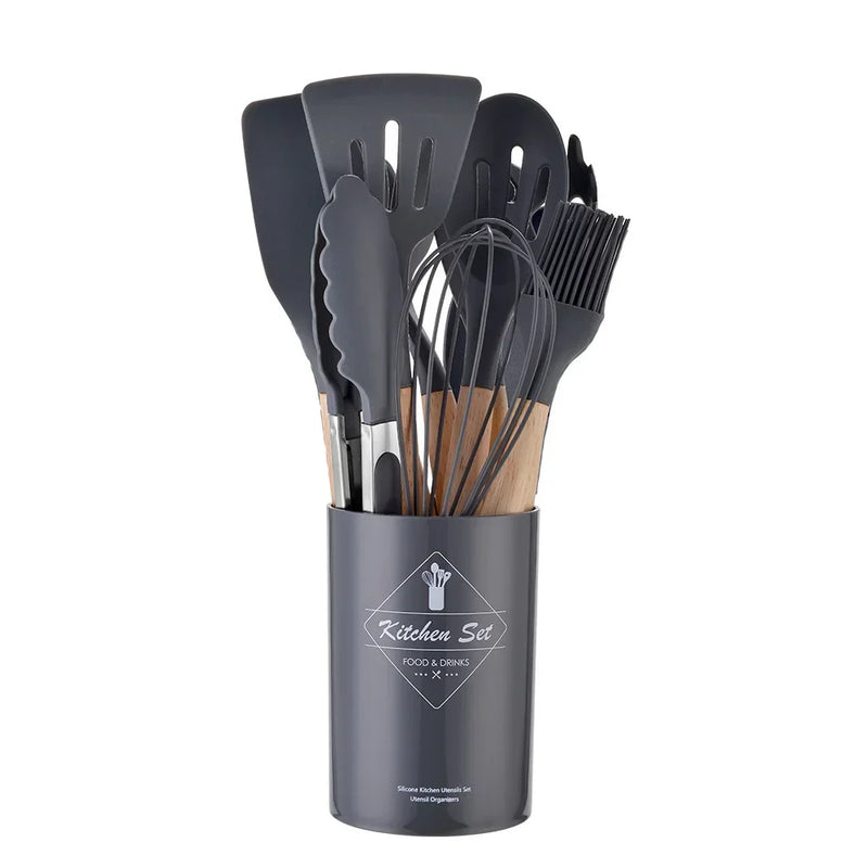 Kit de Utensílios de Cozinha de Silicone 12 Peças - Utensílios Antiaderentes, Espátula, Pá, Batedores de Ovo, Com Cabo de Madeira